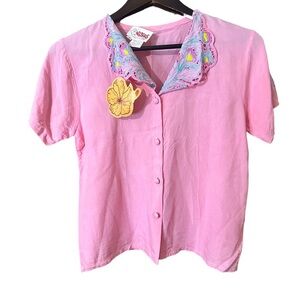 Hibis Pink Rayon Button-Up Blouse Floral Embroidered Collar & Sleeves Sz S Boho
